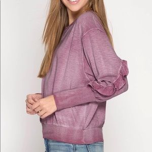 Long sleeve mineral washed top with ruffle sleeves